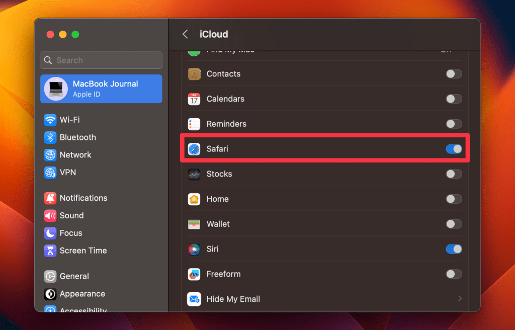 toggle on safari syncing to icloud