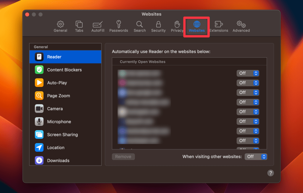 website tab in safari settings