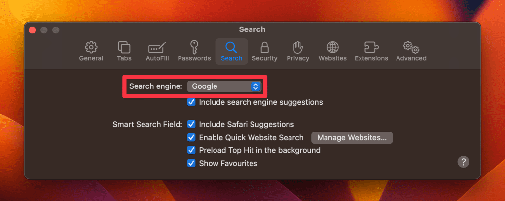 choose a search engine from the dropdown menu in search tab