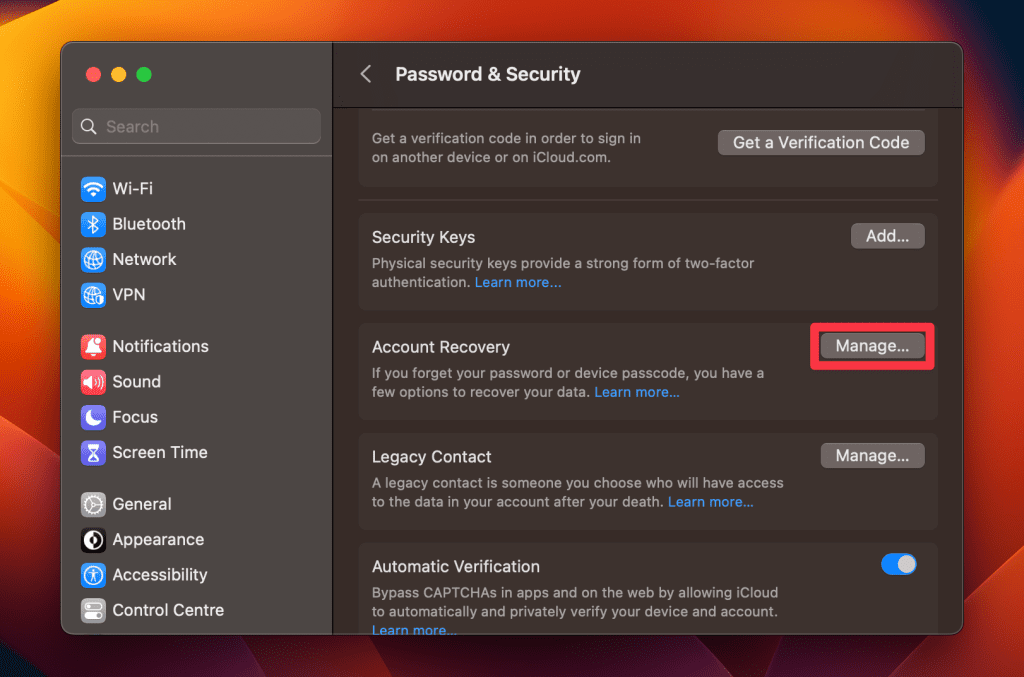 click the manage button next to account recovery