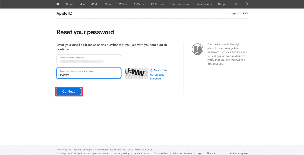 enter your apple id email and characters on the image then click continue