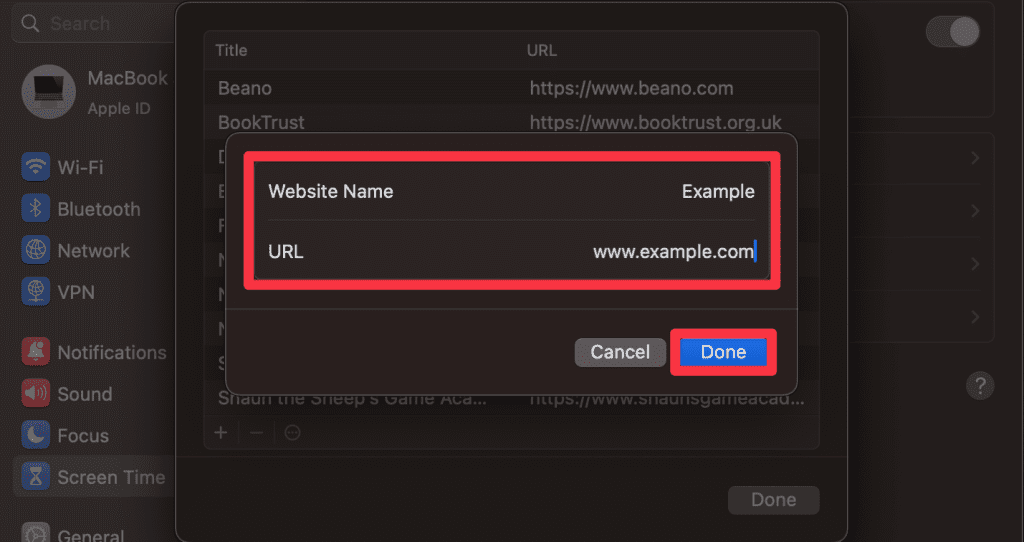 add the webiste name and url and tap done