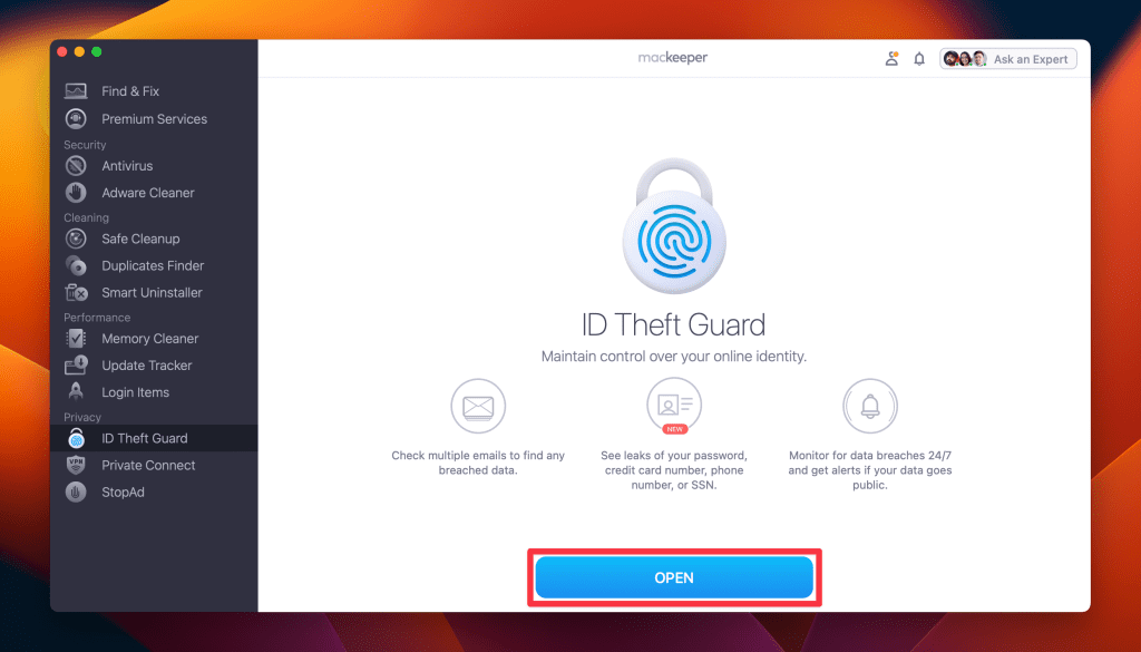 click open in id theft guard