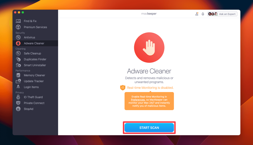 click start scan in adware cleaner