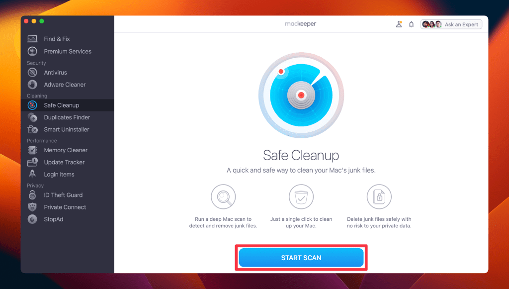 click start scan in safe cleanup