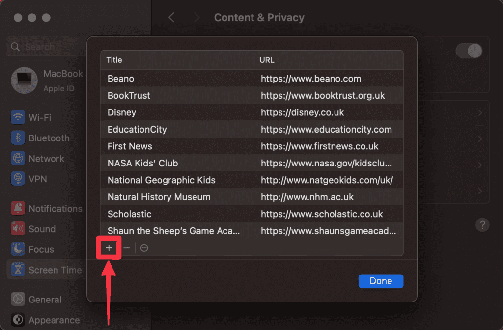 click the plus icon to add a website