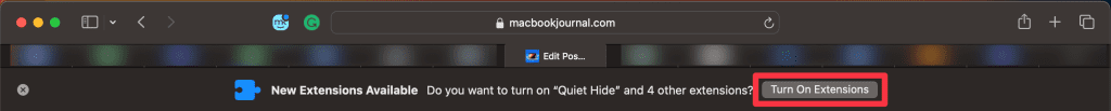 click the turn on extensions button in safari