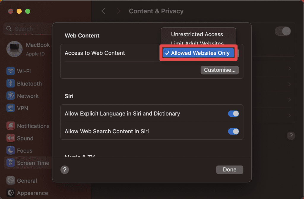 select allowed websites only next to access to web content