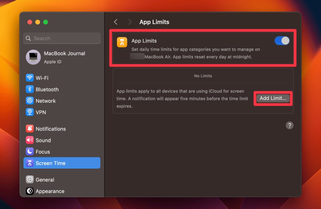 toggle on the app limits switch and click the add limit button