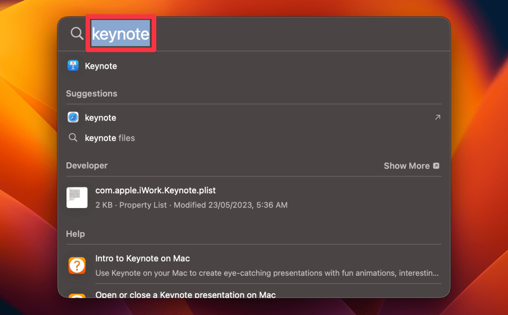 type keynote in spotlight search