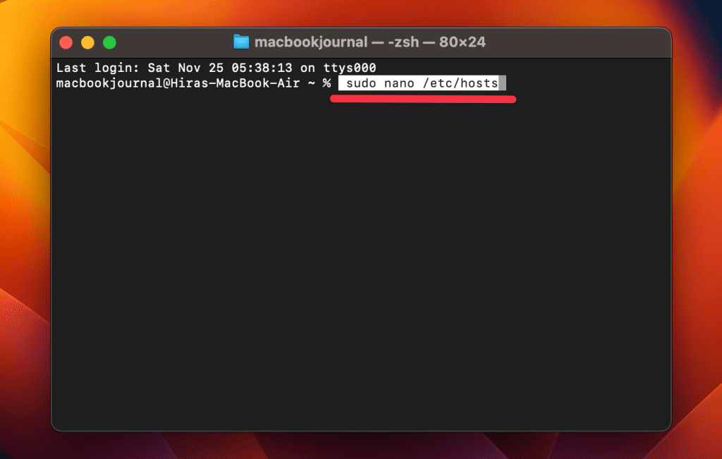 type sudo nano etc hosts in terminal