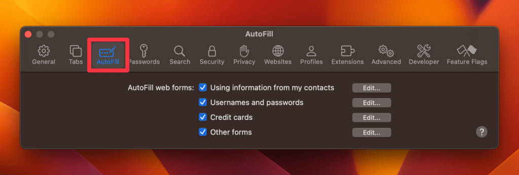 select the autofill tab in safari settings
